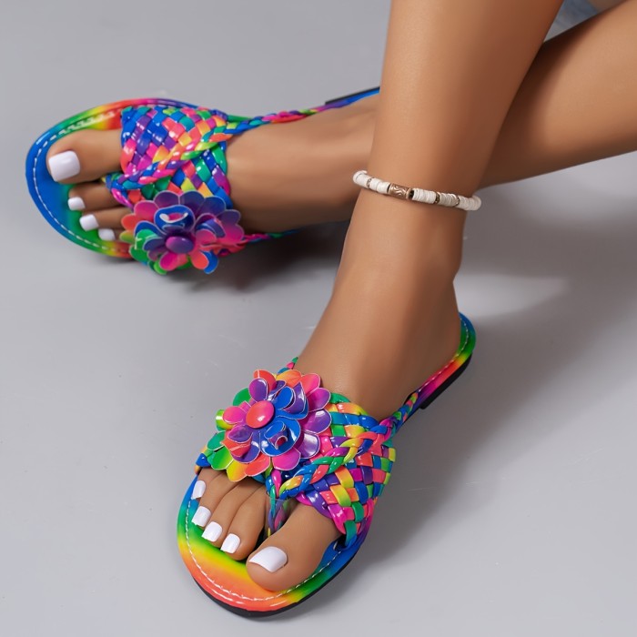 Women's Flower Decor Slide Sandals, Casual Clip Toe Summer Shoes, Lightweight Braided Beach Shoes