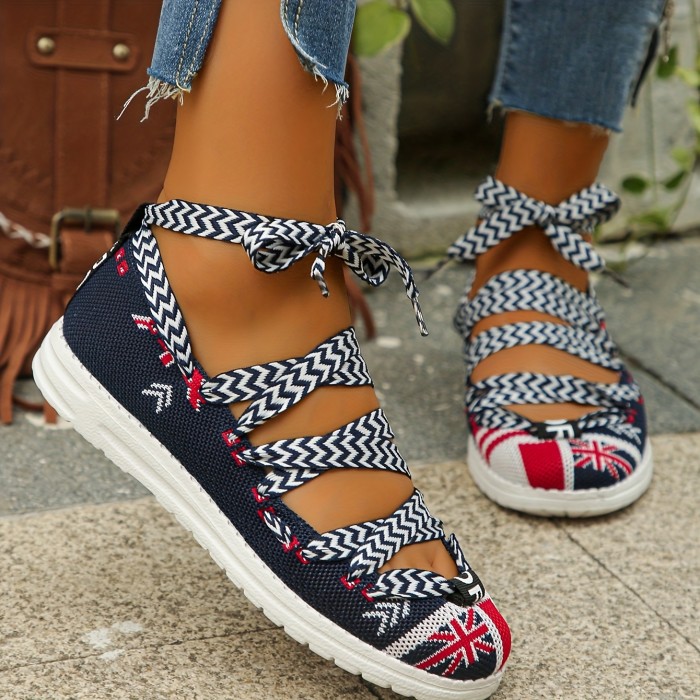Women's Flag Pattern Knitted Sneakers, Casual Breathable Strappy Walking Shoes, Breathable Lace Up Shoes