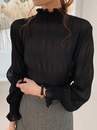 Solid Mock Neck Ruffle Trim Blouse, Elegant Long Sleeve Blouse For Spring & Fall, Women's Clothing