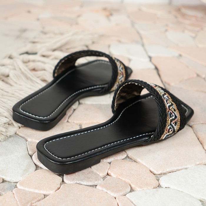 Women's Rhinestone Decor Slide Sandals, Casual Open Toe Flat Summer Shoes, Lightweight Slide Sandals