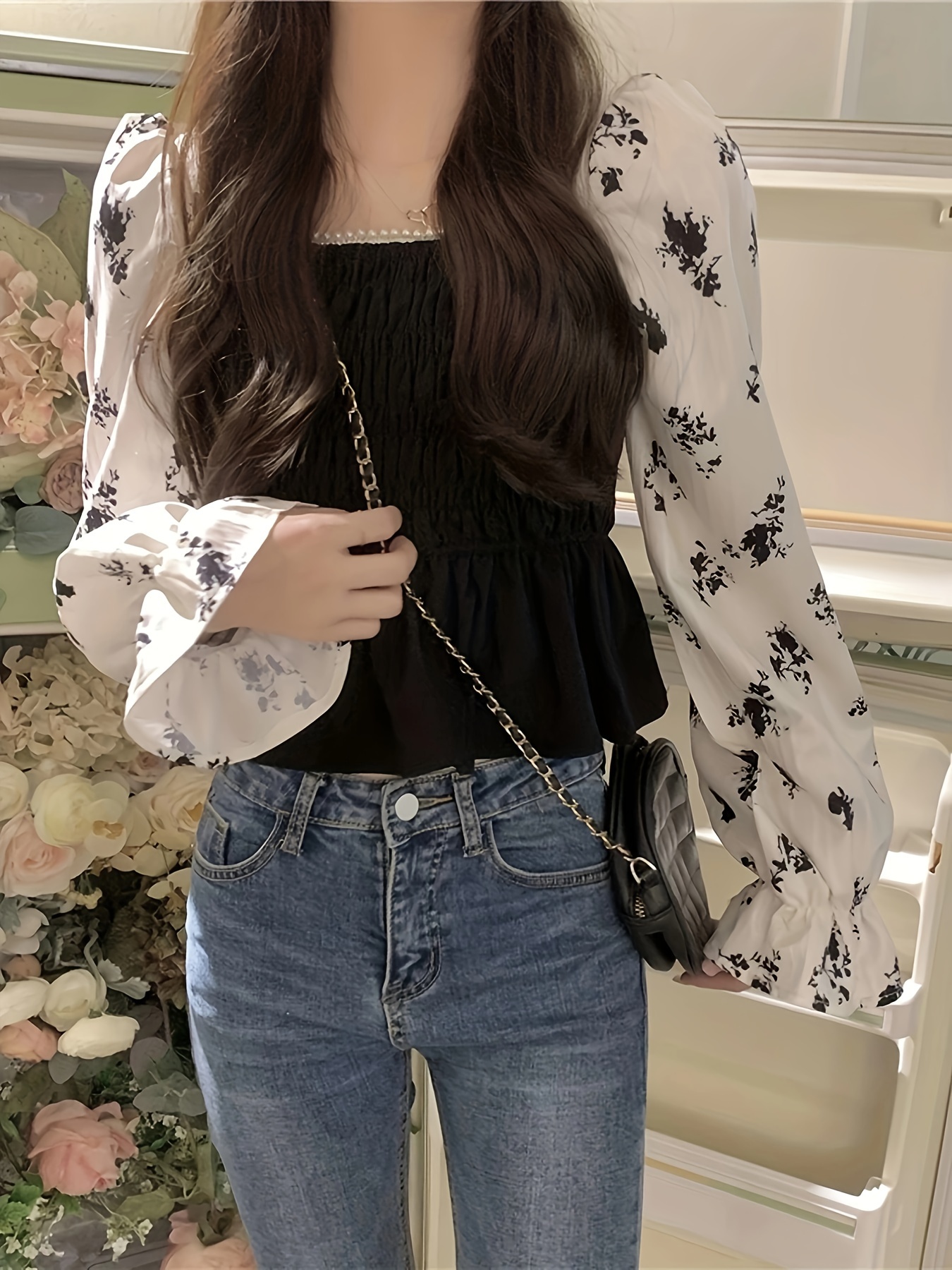 Sky Blue Floral Print Frilly Smocked Square Neck Long Sleeve Blouse