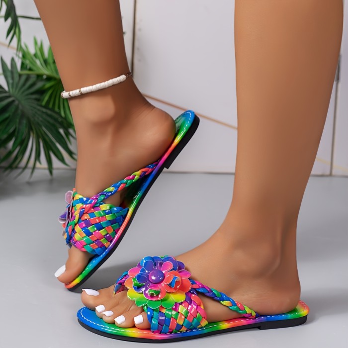 Women's Flower Decor Slide Sandals, Casual Clip Toe Summer Shoes, Lightweight Braided Beach Shoes