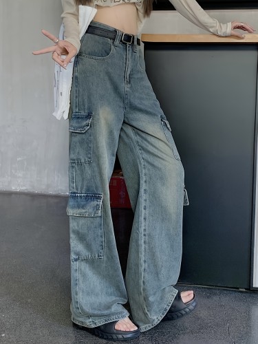 High Waist Washed Baggy Jeans, Loose Fit Y2K Style Flap Pockets Cargo Wide Legs Jeans, Women's Denim Jeans & Clothing