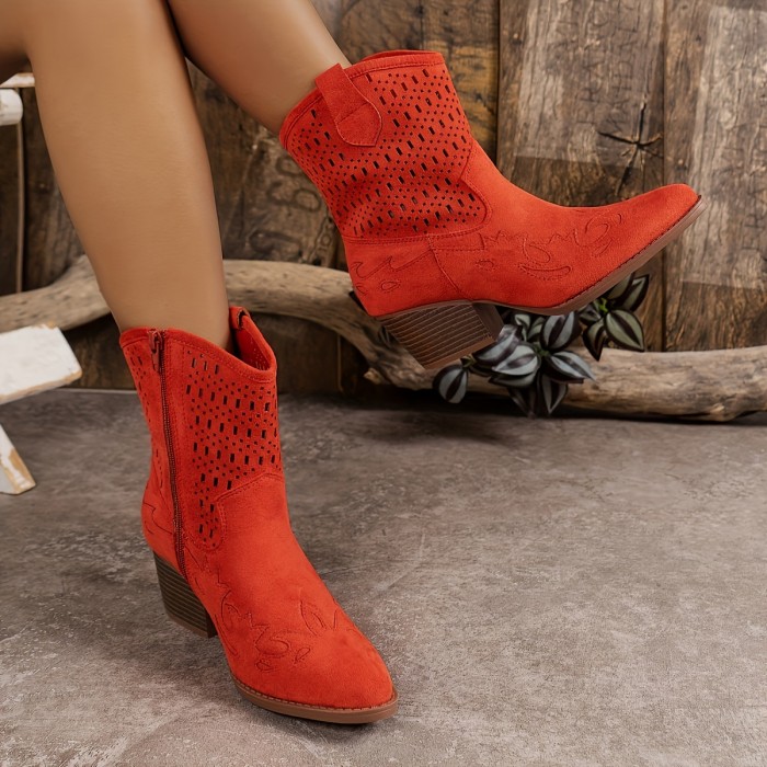 Women's Chunky Heel Short Boots, Fashion Point Toe Cowboy Boots, Stylish Side Zipper Ankle Boots