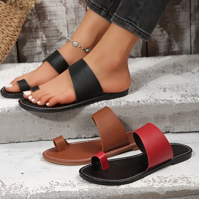 Women's Solid Color Stylish Sandals, Casual Slip On Summer Flat Slides, Toe Loop Beach Slides