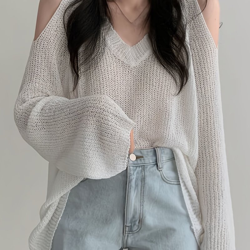 Solid V Neck Thin Pullover Sweater, Casual Cold Shoulder Long Sleeve Loose Sweater, Women's Clothing
