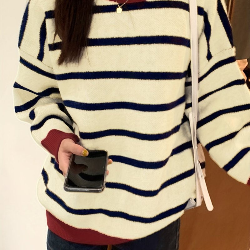 Color Block Striped Pullover Sweater, Casual Long Sleeve Crew Neck Sweater For Fall & Winter, Women's Clothing