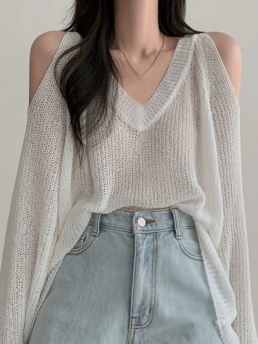 Solid V Neck Thin Pullover Sweater, Casual Cold Shoulder Long Sleeve Loose Sweater, Women's Clothing