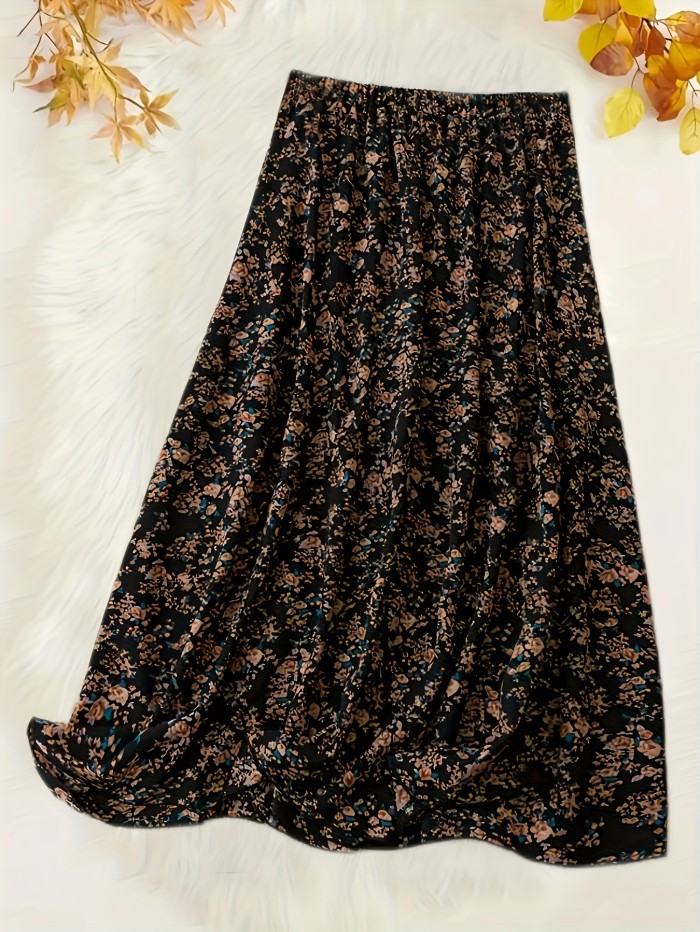 Plus Size Boho Skirt, Women's Plus Ditsy Floral Print Elastic High Rise Maxi Skirt