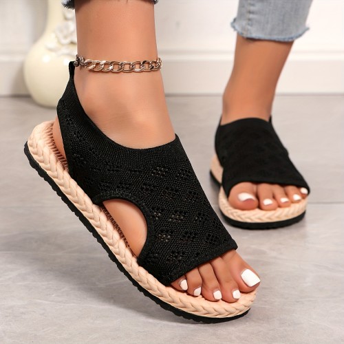 Women's Knitted Flat Sandals, Open Toe Elastic Slip On Summer Shoes, Casual Outdoor Slingback Sandals