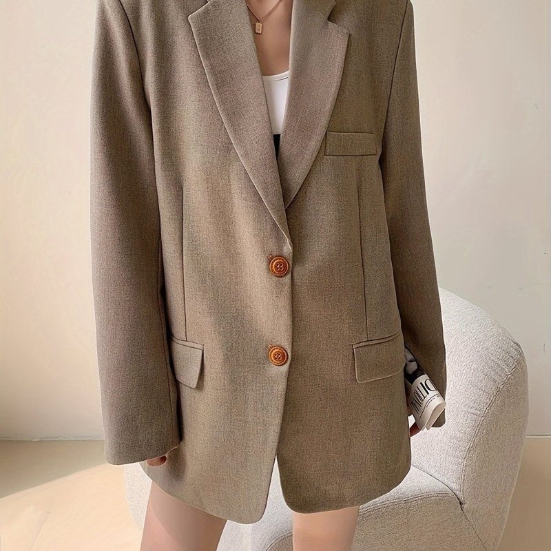 Solid Single Breasted Lapel Blazer, Vintage Long Sleeve Outwear For Office & Work, Women's Clothing