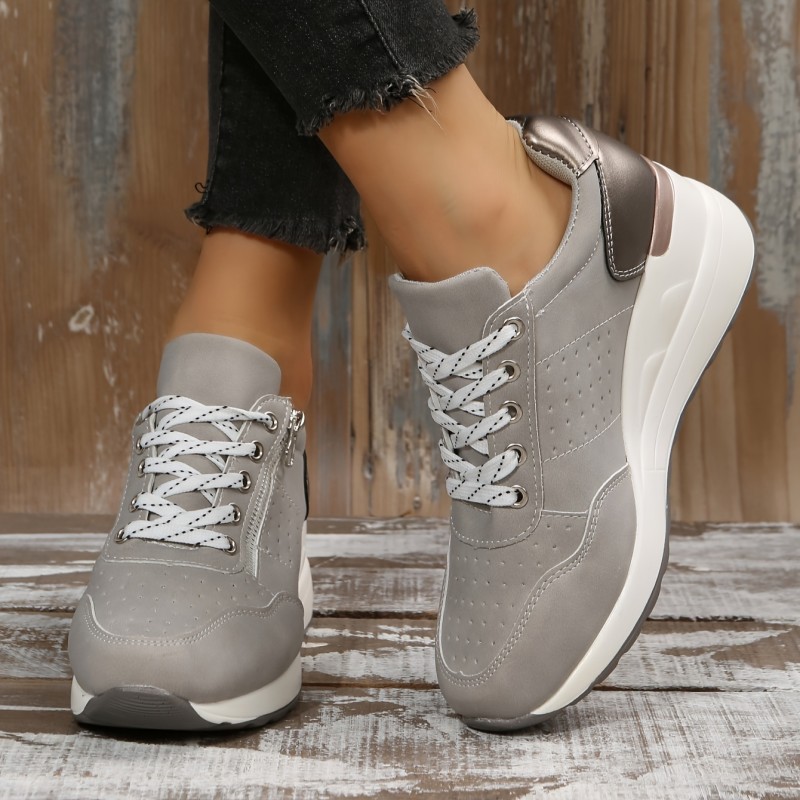 Women's Solid Color Casual Sneakers, Lace Up Breathable Soft Sole Sporty Strainers, Lightweight Low-top Wedge Shoes