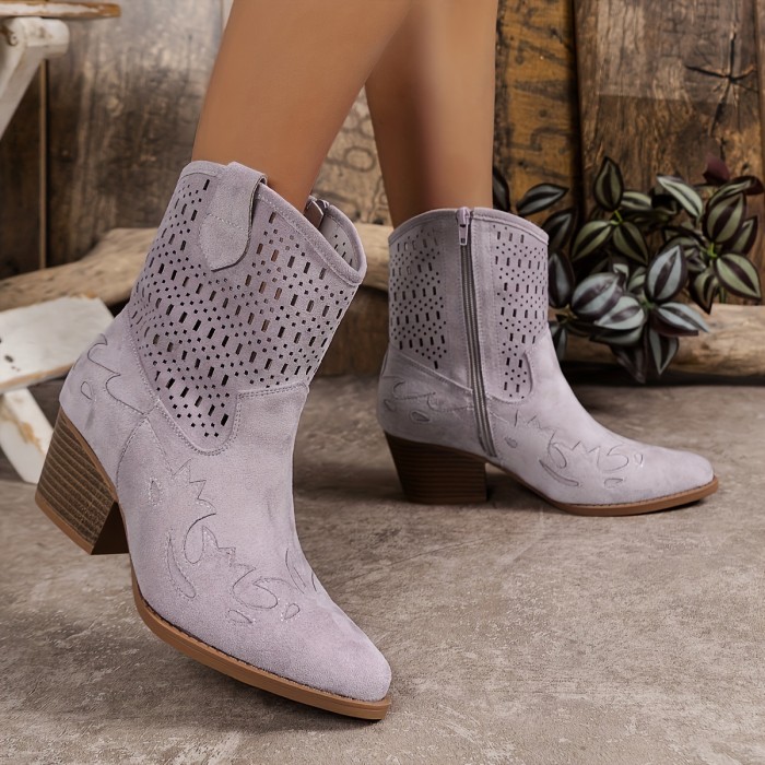 Women's Chunky Heel Short Boots, Fashion Point Toe Cowboy Boots, Stylish Side Zipper Ankle Boots