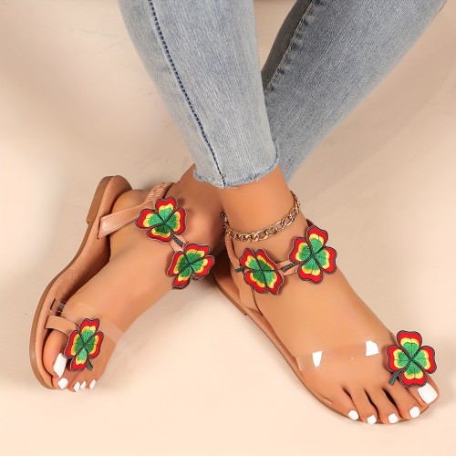 Women's Solid Color Stylish Sandals, Floral Decor Slip On Elastic Ankle Strap Shoes, Vacation Summer Toe Loop Beach Shoes