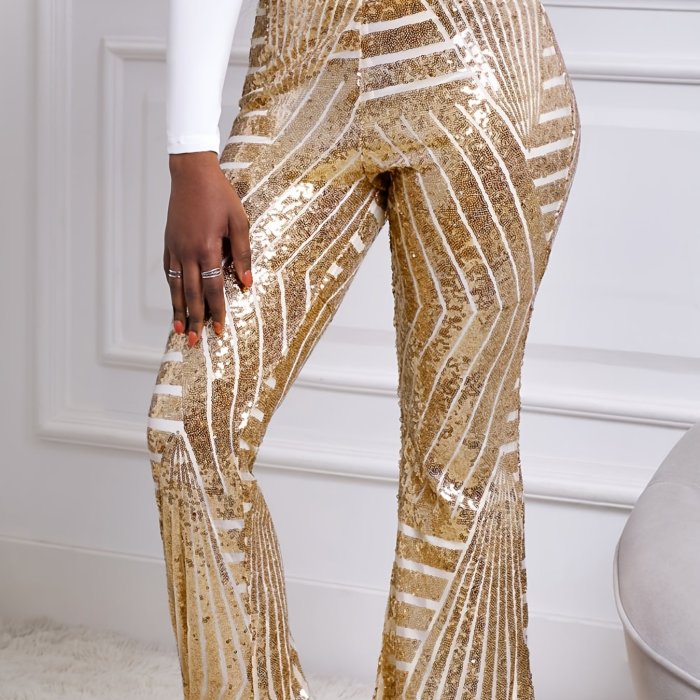 Glitter Sequin Flare Leggings, Casual High Waist Fashion Skinny Wide Leg Fall Pants, Women's Clothing