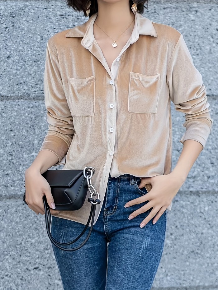 Solid Velvet Button Front Shirt, Elegant Pockets Long Sleeve Shirt For Spring & Fall, Women's Clothing