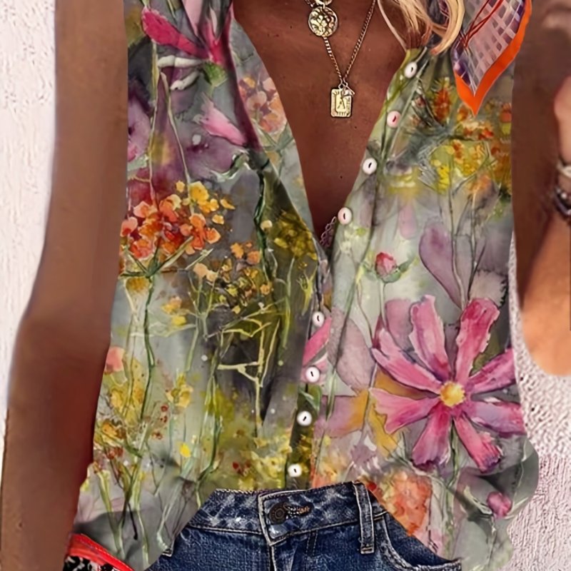 Floral Print Sleeveless Blouse, Casual Crew Neck Button Front Blouse, Women's Clothing