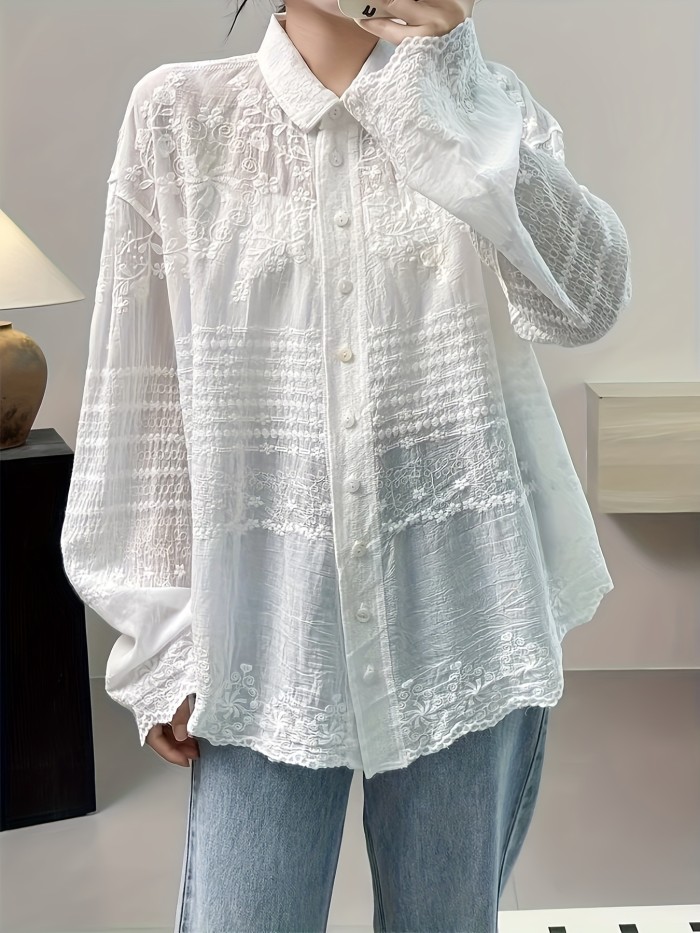 Floral Pattern Button Front Blouse, Casual Long Sleeve Blouse For Spring & Fall, Women's Clothing