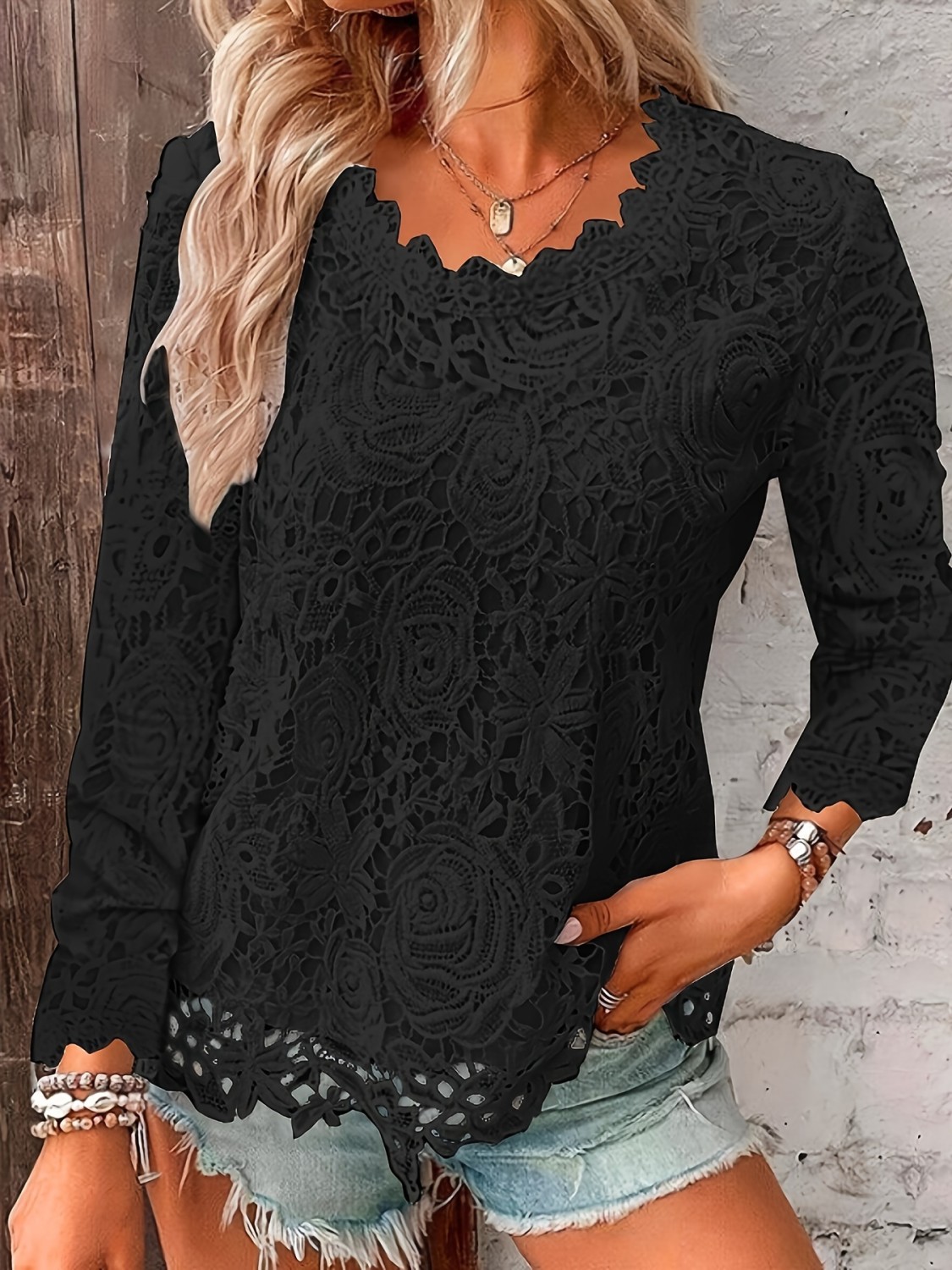 Cutout Floral Lace Crew Neck Blouse, Elegant Long Sleeve Blouse For ...