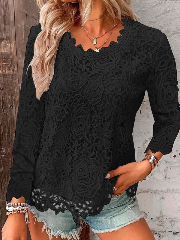 Cutout Floral Lace Crew Neck Blouse, Elegant Long Sleeve Blouse For Spring & Fall, Women's Clothing