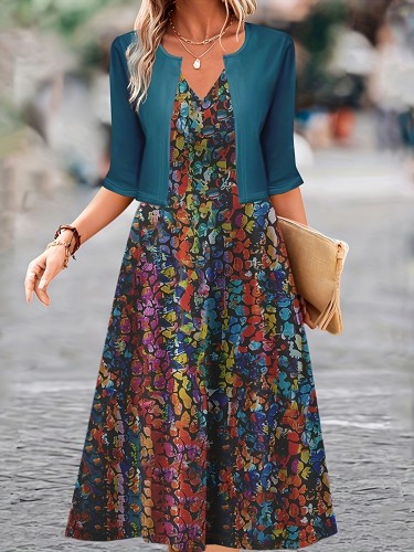 Plus Size Colorful Print Two-piece Dress Set, V Neck Tank Dress & Half Sleeve Open Front Top Outfits, Women's Plus Size Clothing