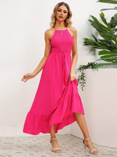 Solid Cami Dress, Elegant Sleeveless Backless Ruffle Hem Dress For Spring & Summer, Women's Clothing