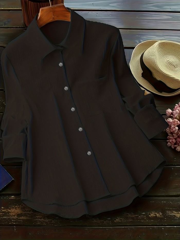 Button Front Solid Shirt, Elegant Long Sleeve Simple Shirt, Women's Clothing
