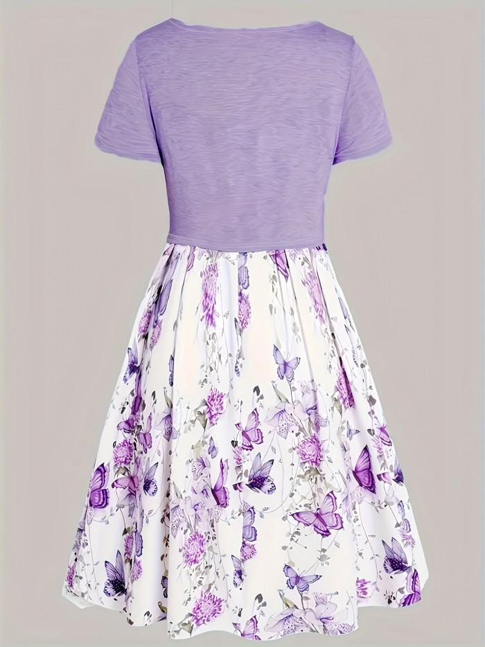 Plus Size Floral Print Two-piece Set, Twist Front V Neck Short Sleeve Top & Slip Dress Outfits, Women's Plus Size Clothing
