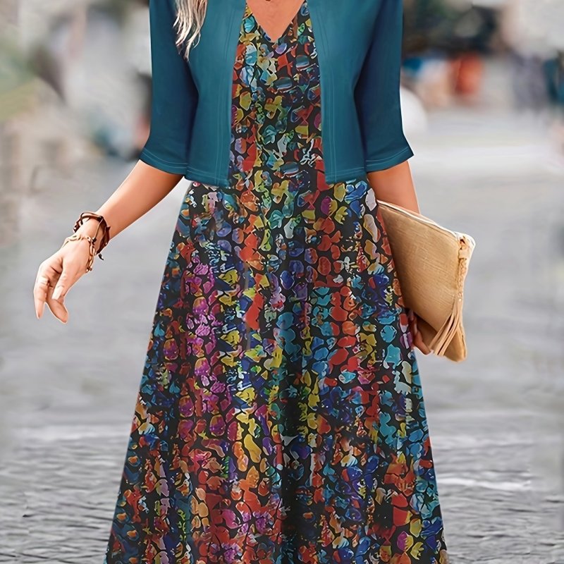 Plus Size Colorful Print Two-piece Dress Set, V Neck Tank Dress & Half Sleeve Open Front Top Outfits, Women's Plus Size Clothing