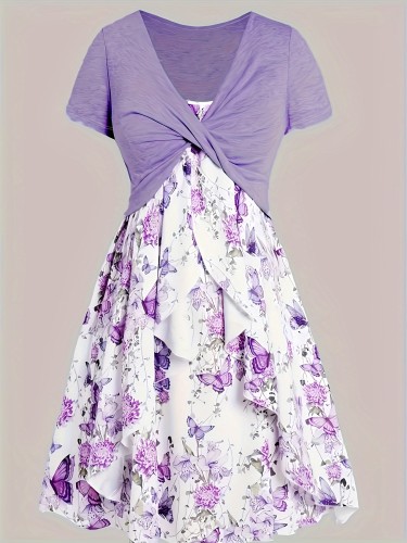 Plus Size Floral Print Two-piece Set, Twist Front V Neck Short Sleeve Top & Slip Dress Outfits, Women's Plus Size Clothing