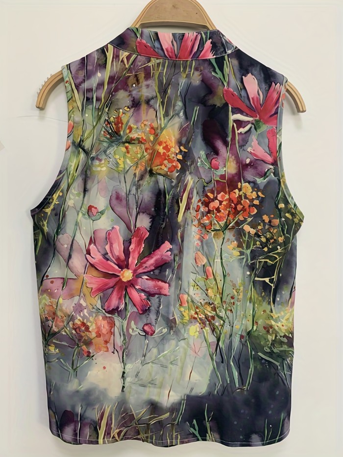Floral Print Sleeveless Blouse, Casual Crew Neck Button Front Blouse, Women's Clothing