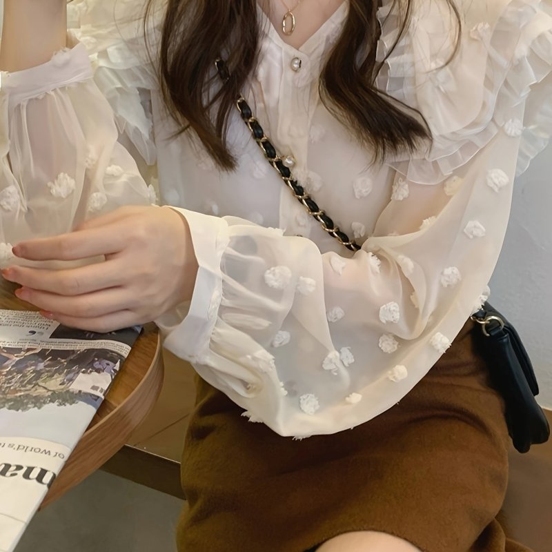 Swiss Dot Ruffle Trim Button Blouse, Elegant Long Sleeve Blouse For Spring & Fall, Women's Clothing