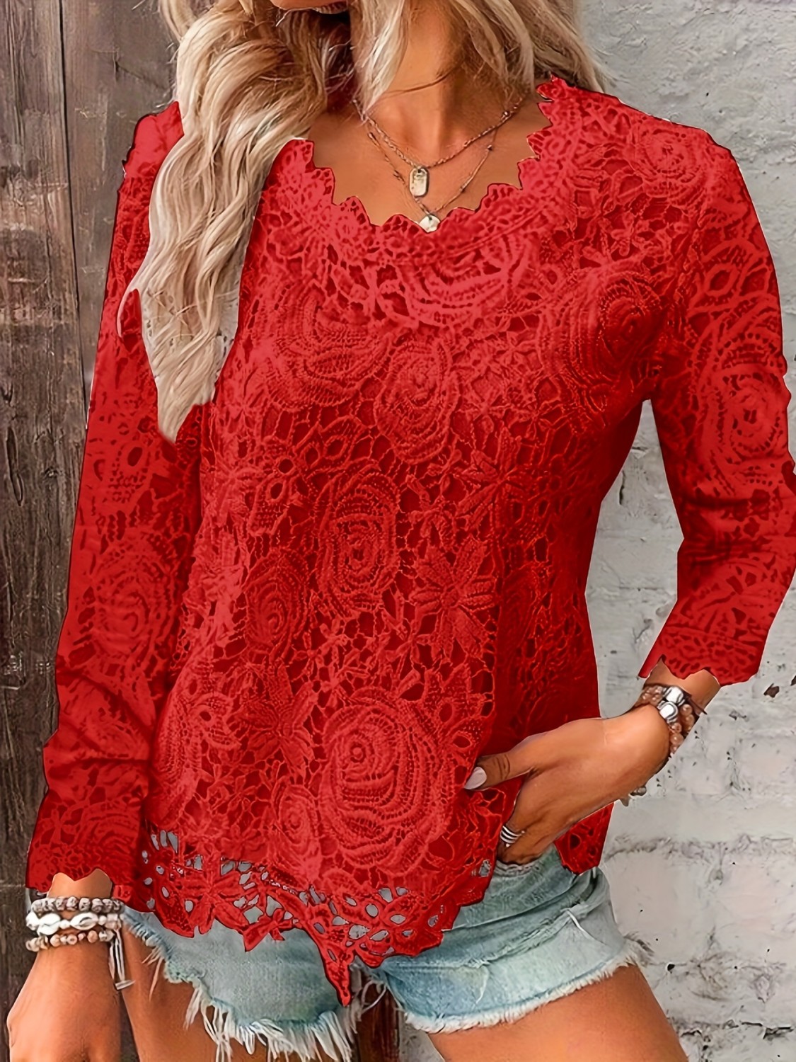 Cutout Floral Lace Crew Neck Blouse, Elegant Long Sleeve Blouse For ...