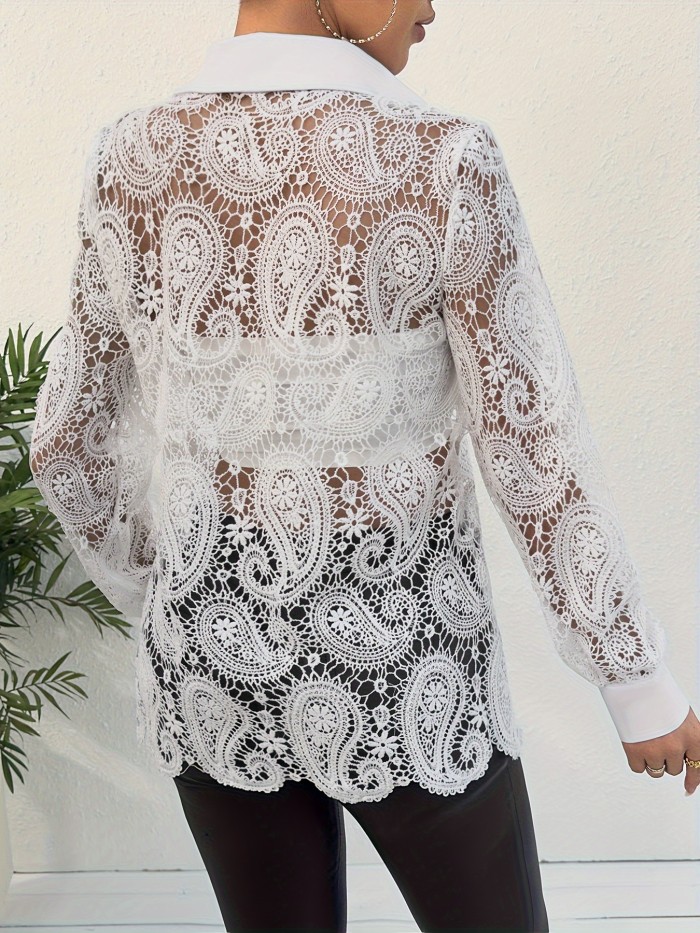 Paisley Lace Button Front Blouse, Hollow Out Long Sleeve Blouse For Spring & Summer, Women's Clothing