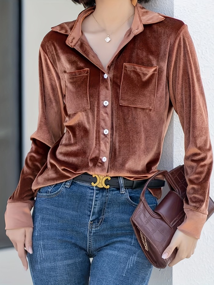 Solid Velvet Button Front Shirt, Elegant Pockets Long Sleeve Shirt For Spring & Fall, Women's Clothing