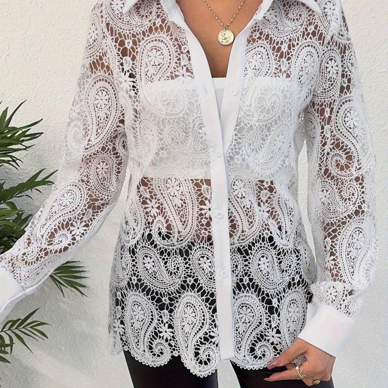 Paisley Lace Button Front Blouse, Hollow Out Long Sleeve Blouse For Spring & Summer, Women's Clothing