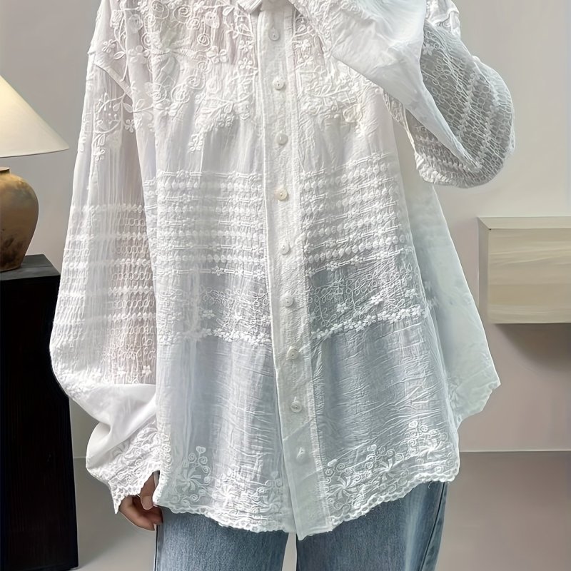 Floral Pattern Button Front Blouse, Casual Long Sleeve Blouse For Spring & Fall, Women's Clothing