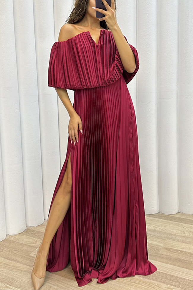 Sexy Formal Solid Slit Fold Off the Shoulder Evening Dress Dresses