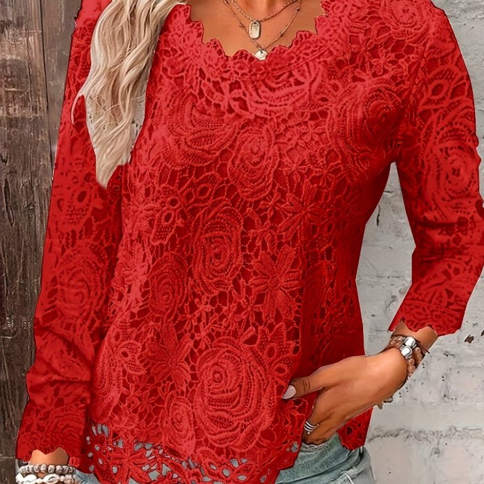Cutout Floral Lace Crew Neck Blouse, Elegant Long Sleeve Blouse For Spring & Fall, Women's Clothing