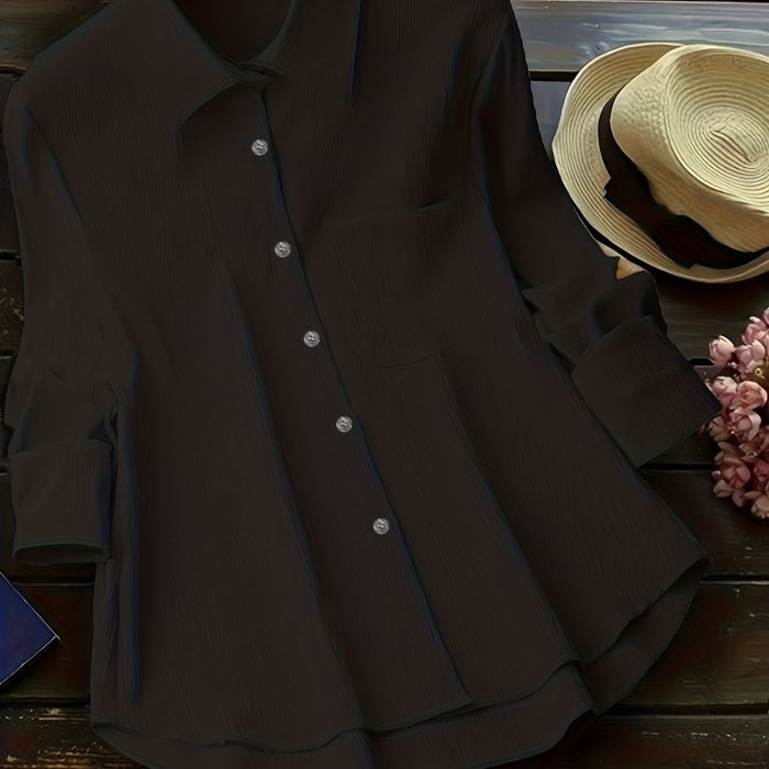 Button Front Solid Shirt, Elegant Long Sleeve Simple Shirt, Women's Clothing