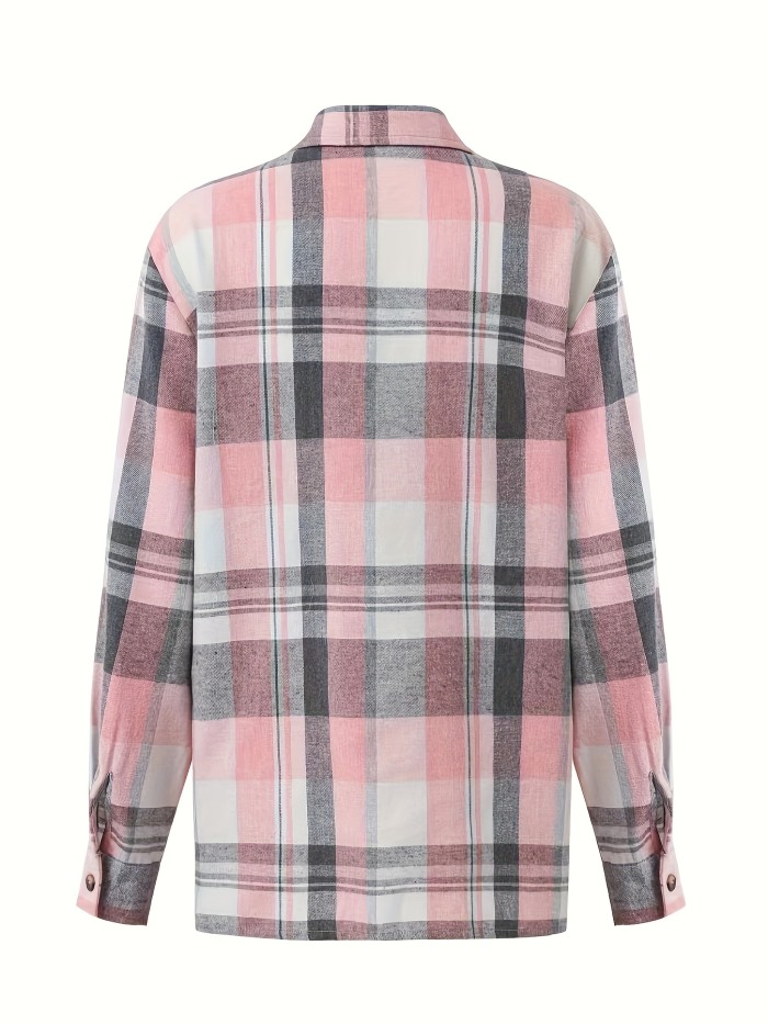 Plaid Print Simple Shirt, Casual Button Front Long Sleeve Shirt, Women's Clothing