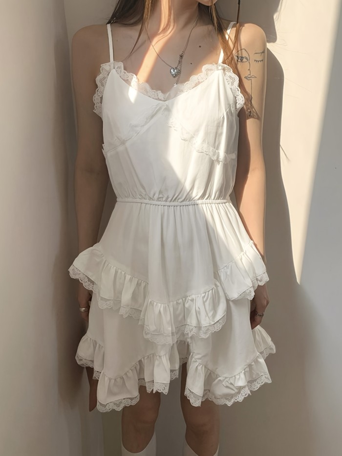 Lace Trim Layered Ruffle Hem Dress, Casual Spaghetti Strap Dress For Spring & Summer, Women's Clothing