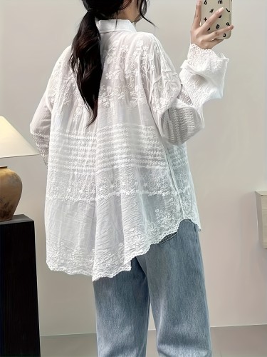 Floral Pattern Button Front Blouse, Casual Long Sleeve Blouse For Spring & Fall, Women's Clothing