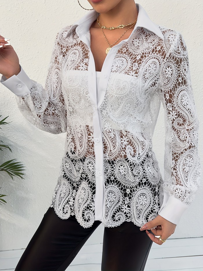 Paisley Lace Button Front Blouse, Hollow Out Long Sleeve Blouse For Spring & Summer, Women's Clothing