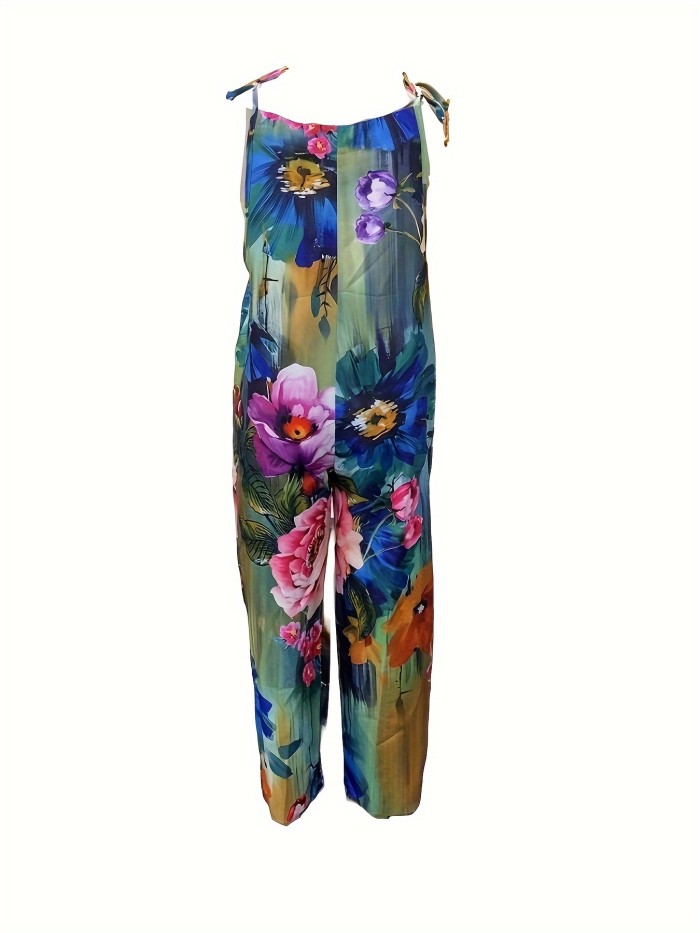 Floral Print Wide Leg Jumpsuit, Casual Sleeveless Jumpsuit For Spring & Summer, Women's Clothing
