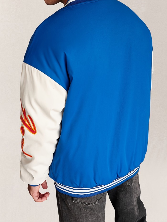 Men's Casual Y2k Letter Print Color Block Varsity Jacket, Chic Baseball Collar Bomber Jacket