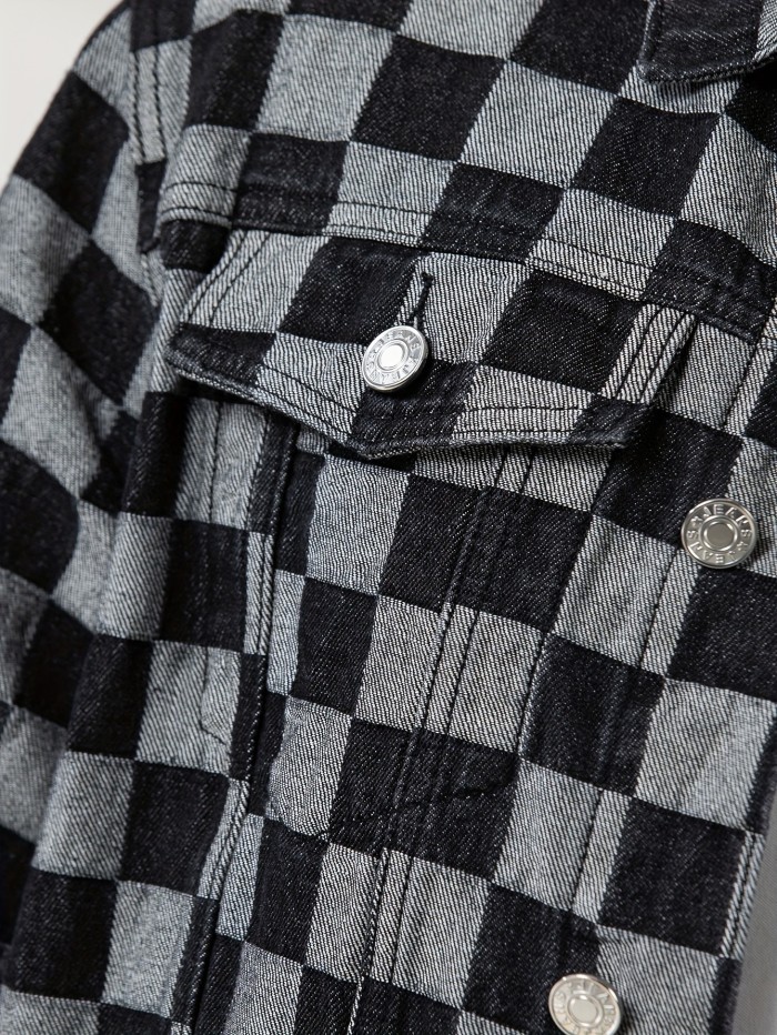 Fashion Street Checkered Men's Long Sleeve Denim Button Down Shirt Jacket With Pocket Design, Men's Spring Fall Outwear