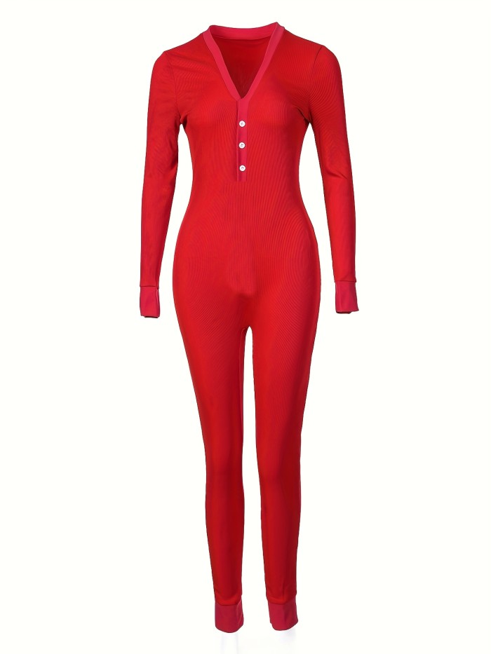 Solid Color Button Front Jumpsuit, V Neck Long Sleeve Slim Jumpsuit, Women's Clothing