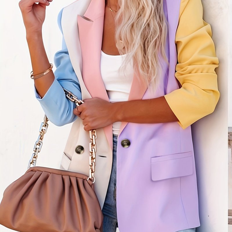 Color Block Lapel Button Front Blazer, Elegant Long Sleeve Blazer For Office & Work, Women's Clothing