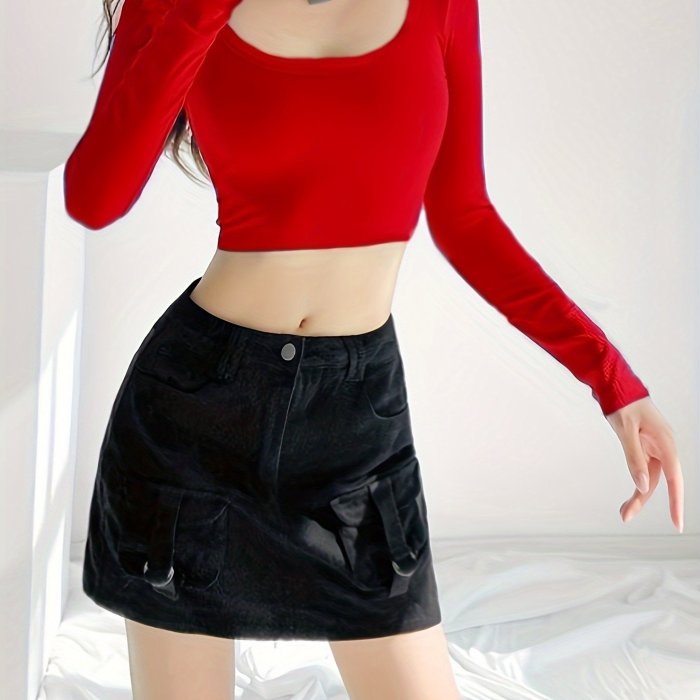 Slim Solid Crop T-shirt, Y2K Long Sleeve Top For Spring & Fall, Women's Clothing